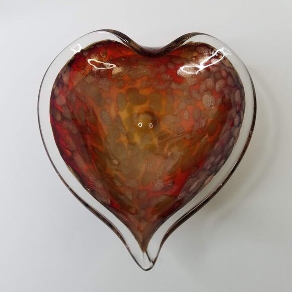 Murano Style Bowl Rolled Edge Glass 9" Gold Foil Amber Red Vintage Italian - Picture 4 of 7